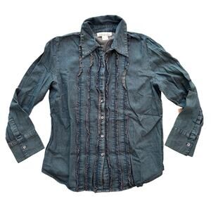 NWT KARAVAN Button Front Ruffled Denim Western Shirt in Dark Wash  SZ M